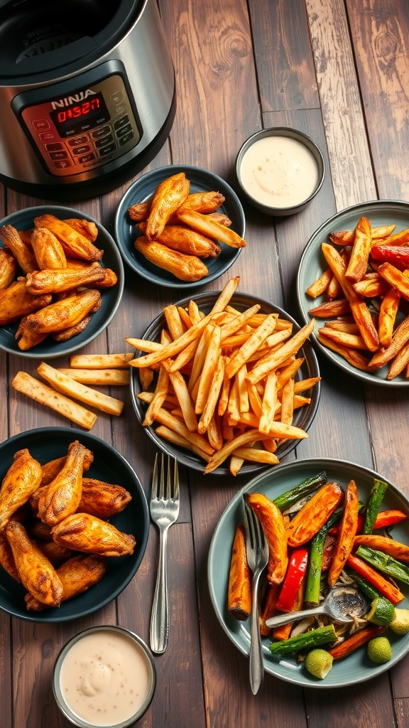 A variety of air-fried dishes such as chicken wings, fries, and vegetables, showcasing the versatility of the Ninja Foodi XL.